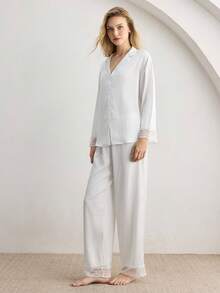 Ocili Women's Solid Color Long Sleeve Single-Breasted Top And Pants Pajama Set - White - View 7