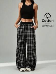 SHEIN PETITE Pantalones anchos de pierna ancha a cuadros casuales y sueltos para mujer - Blanco y Negro - Ver 1