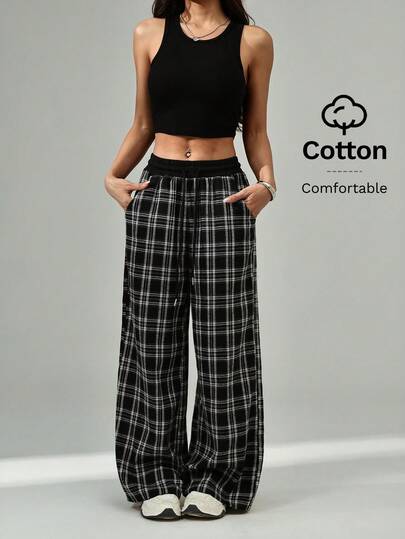 SHEIN PETITE Women's Casual Loose Checked Wide Leg Pants