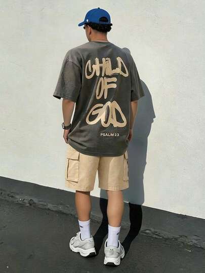 Conjunto de 2 piezas de camiseta de manga corta y pantalones cortos cargo para adolescentes en primavera/verano, camiseta con eslogan "Hijo de Dios" y pantalones cortos casuales caqui, conjunto de ropa urbana para uso diario