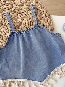 Blossori 2pcs/Set Young Girl'Blue Tassels Denim Camisole Top With Fringe Hem And Loose Shorts,Kid Girls Summer Spring Casual Country Boho Beach Outfits Set - Light Wash - View 4