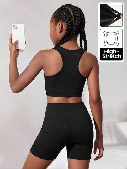 两件套少女夏季休闲黑色无袖上衣+短裤套装，简约运动装，适合上学、外出和休闲穿着