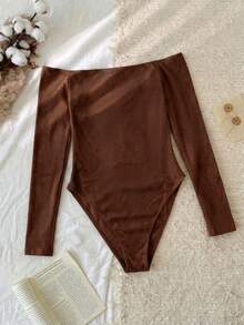 Tseoso 95%纯棉露肩连体衣，百搭休闲装，棕色 - 棕色 - 查看 2