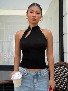 Muchica Women's Black Buttoned Collar Knit Top - Black - View 4