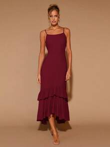 COSMINA 女士优雅荷叶边长袖圆领连衣裙，适合约会、派对等各种场合，四季皆宜。 - 酒紅色 - 查看 7