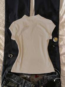 Glimmora Áo thun tay ngắn cổ đứng nữ, kiểu dáng thường ngày, đa năng. - trắng - Xem 2