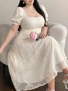 Vibekara Plus Size Women's Square Neck Ruched Bust Waist A-Line Dress - Apricot - View 1