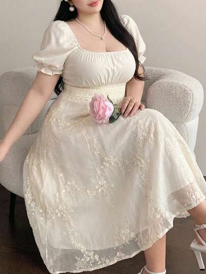 Vibekara Vestido de línea A con cuello cuadrado, busto fruncido y cintura para mujer de talla grande