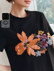 Anewsta 94% Cotton Elegant Women's T-Shirt, Minimalist Commuting Casual Short Sleeve Round Neck Embellished With Sequin Embroidery, Black - Black - View 2