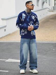 Devon Thys ANDREILEE 男士休闲恐龙印花圆领宽松套头毛衣，百搭街头风，适合春、秋、冬三季穿着。 - 藏蓝色 - 查看 4