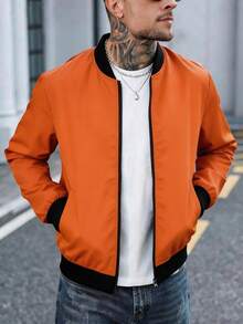 Manfinity Homme Men's Baseball Collar Zip-Up Casual Versatile Daily Wear Long Sleeve Jacket - Orange - View 1