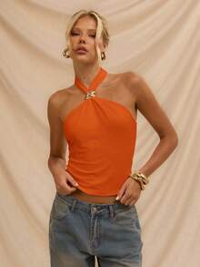 Avantive Áo kiểu nữ cổ yếm đính kim loại, áo hè nữ màu trắng, áo kiểu Mexico, áo trắng trễ vai cho nữ. - Màu Cam cháy - Xem 7