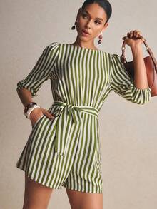 Poéselle Women's Summer Casual Woven Striped Lantern Sleeve Jumpsuit - Mint Green - View 7