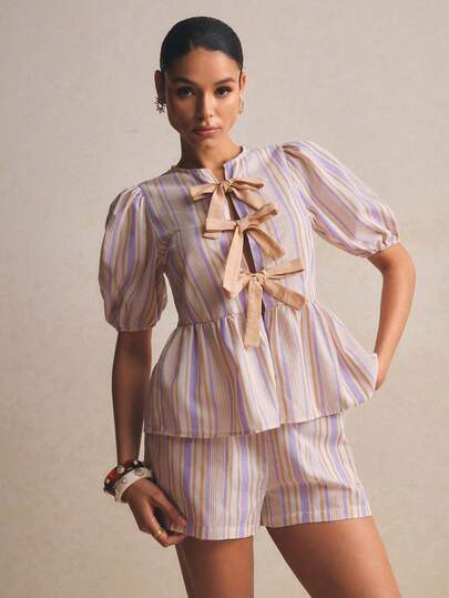 Poéselle 两件套梭织条纹女式短裤套装