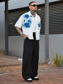 Devon Thys 中国风青花瓷花卉水彩图案男士休闲短袖满印花衬衫 - 白色 - 查看 4