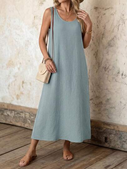 EMERY ROSE Women Loose Texture Round Neck Simple Summer Tank Dress