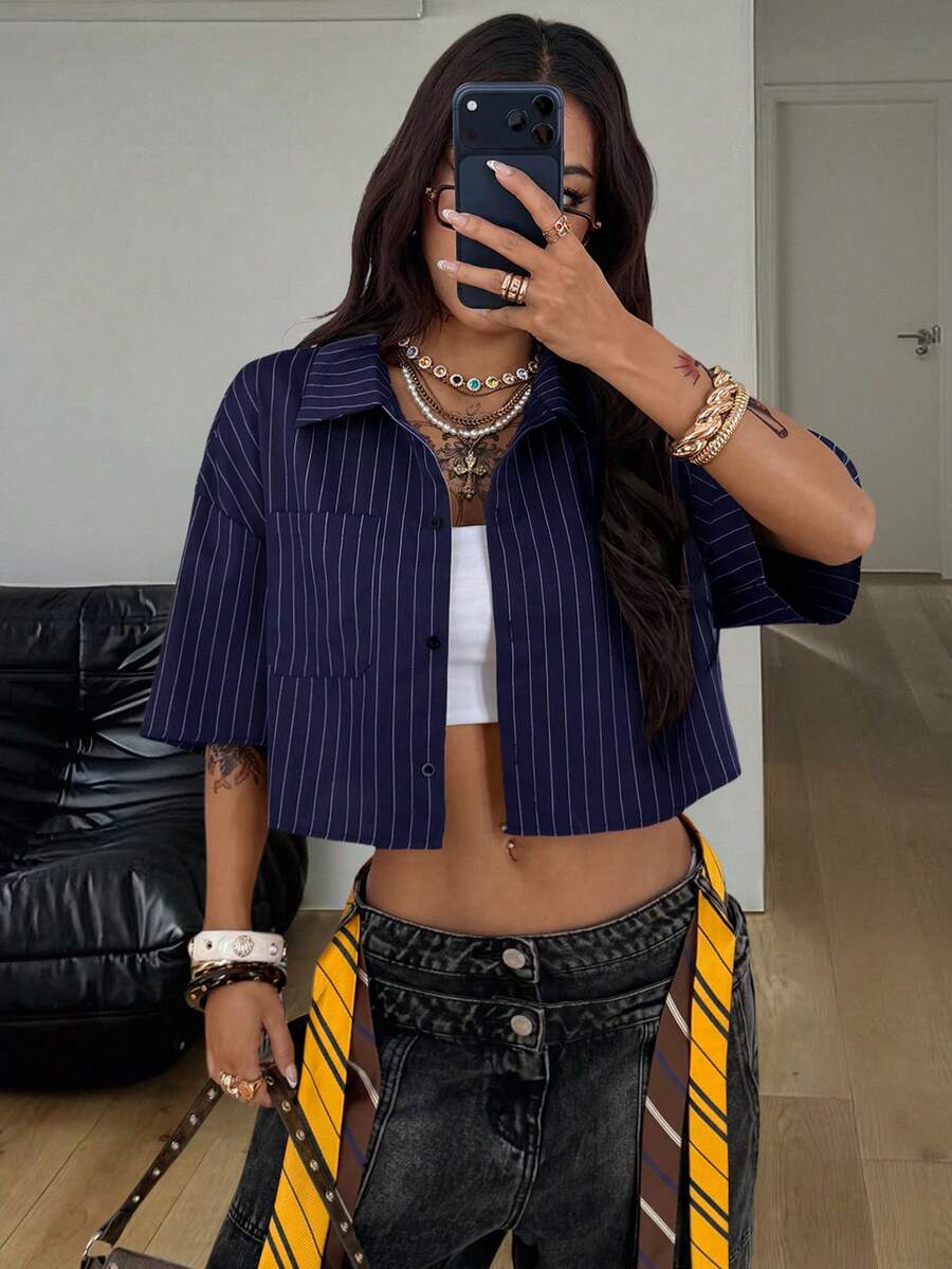 Coolane 女士春夏复古学院风格子宽松露脐上衣红色衬衫，适合新年穿着 - 寶藍色 - 查看 1