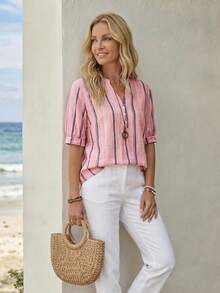 EMERY ROSE Casual Minimalist Loose Notch Neck Three-Quarter Sleeve Women's Blouse Suitable For Summer Going Out Top Cute Summer Top - Pink - View 3