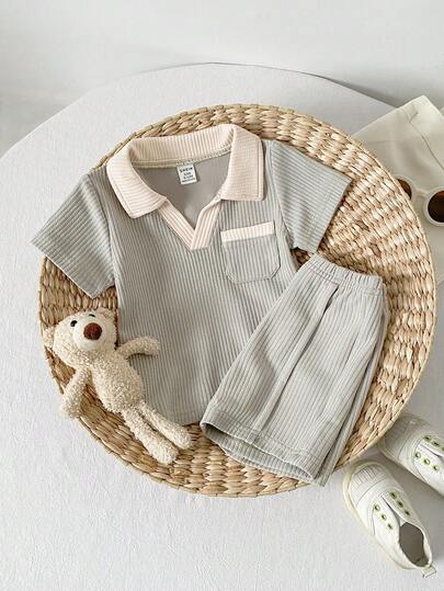 SHEIN Playful Pals 2pcs/Set Baby Boys' Fashionable & Comfortable Polo Shirt And Casual Shorts Set, Suitable For Daily Outings And Vacations, Baby Boy Outfit, Summer
