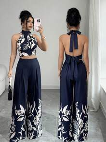 GlowEve Bộ đồ nữ thời trang Bohemian thanh lịch và sang trọng gồm áo không tay và quần ống đứng, thích hợp cho mùa hè. - Màu xanh hải quân - Xem 3