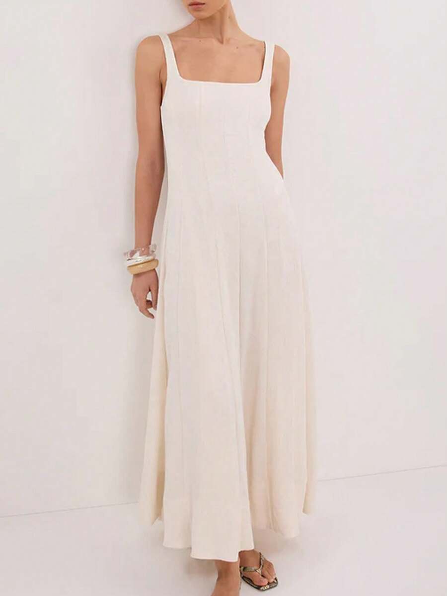 Briarwyn 新款女士纯色休闲长裙，春夏款，女士夏季连衣裙，夏季穿搭，夏季度假穿搭，春季女士穿搭，女士度假穿搭，女士海滩度假穿搭，外出穿搭，优雅女士礼服，度假连衣裙，沙滩连衣裙，奢华优雅连衣裙 - 杏色 - 查看 1