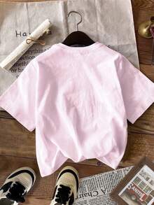 Light Pink, Fashionable Retro Beach Floral & Shell Print Tween Girl Casual Minimalist Short Sleeve Round Neck T-Shirt, Suitable For Spring/Summer Daily Wear - Multicolor - View 2