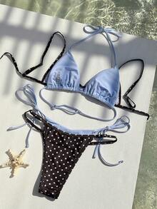 Swim Mod 2026春夏新款时尚波点印花吊带+纯色挂脖上衣+撞色侧边抽绳泳裤三件套性感露背比基尼泳衣套装（女款） - 彩色 - 查看 2