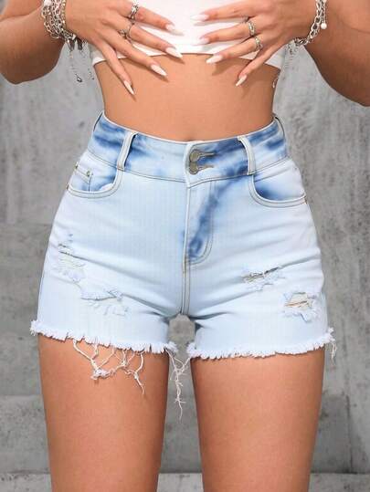 Shorts de Mezclilla con Roturas y Flecos de Cintura Alta con Elasticidad de Color Azul Claro Degradado para Mujer, Pantalones Cortos que Levantan las Nalgas
