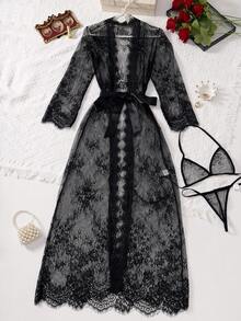 SHEIN See-Through Lace Front-Tie Sexy Lingerie Set For Going Out - Black - View 6