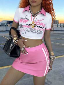 Rovax 女士夏季休闲字母印花短款T恤和迷你裙两件套 - 彩色 - 查看 6