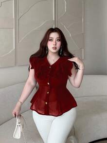Vibekara Blus Seksi Berkerah V dengan Hiasan Rumbai Bahan Chiffon dan Lengan Pendek, Pas Badan untuk Wanita, Populer di Musim Semi/Panas - Merah - View 3