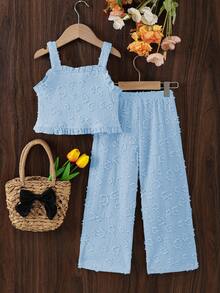SHEIN Elladie kids 女童淺藍色針織兩件套，無袖荷葉邊細肩帶短版上衣與鬆緊腰寬腿褲套裝，紋理夏日套裝 - 淺藍色 - 查看 6