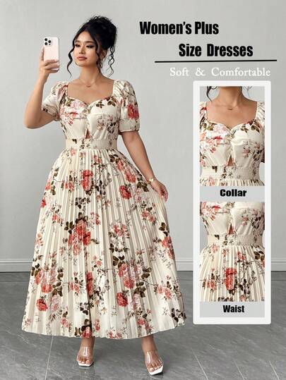 Elenzga Plus Size Women Elegant Twist Pleated Floral Print Dress