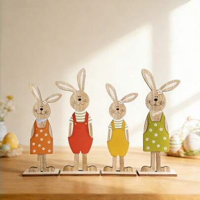 Madebyblanc 4 PCS Set Decorative Multicolor Painted Rabbit Bunny Wooden Plaques Signs Easter Thanksgiving Party Home Farmhouse Rustic Wall Hanging Holiday Decorations Perfect Gift