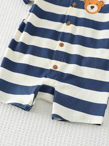 Cozy Pixies Baby Boy Cartoon Bear Striped Lapel Short Sleeve Romper - Blue - View 5