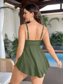 Swim Lushoire Set Tankini Depan Berikat untuk Liburan Musim Panas Ukuran Plus - Olive Green - View 2