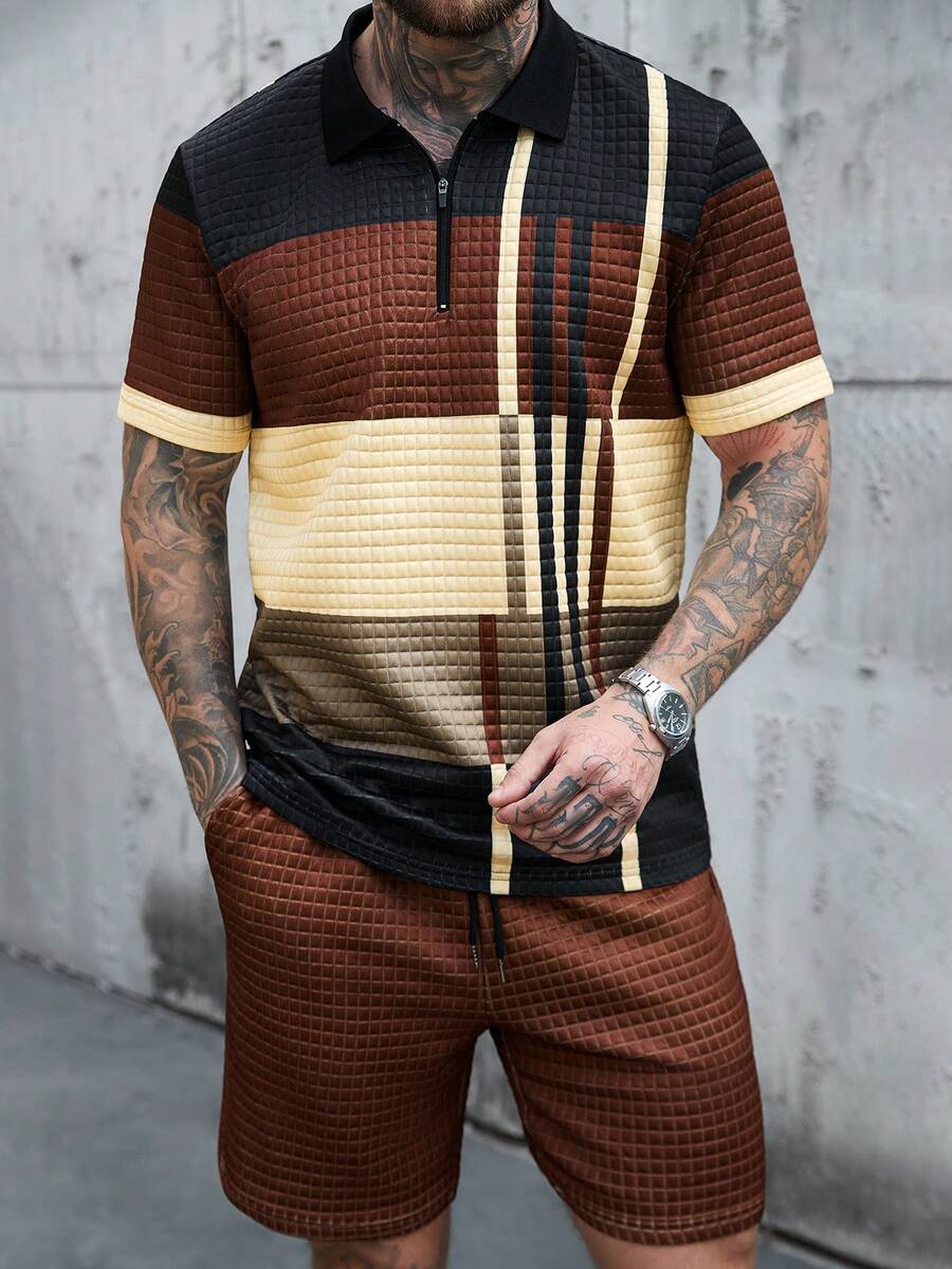 Manfinity Homme 男士撞色短袖Polo衫和短裤休闲通勤套装 - 咖啡棕 - 查看 1