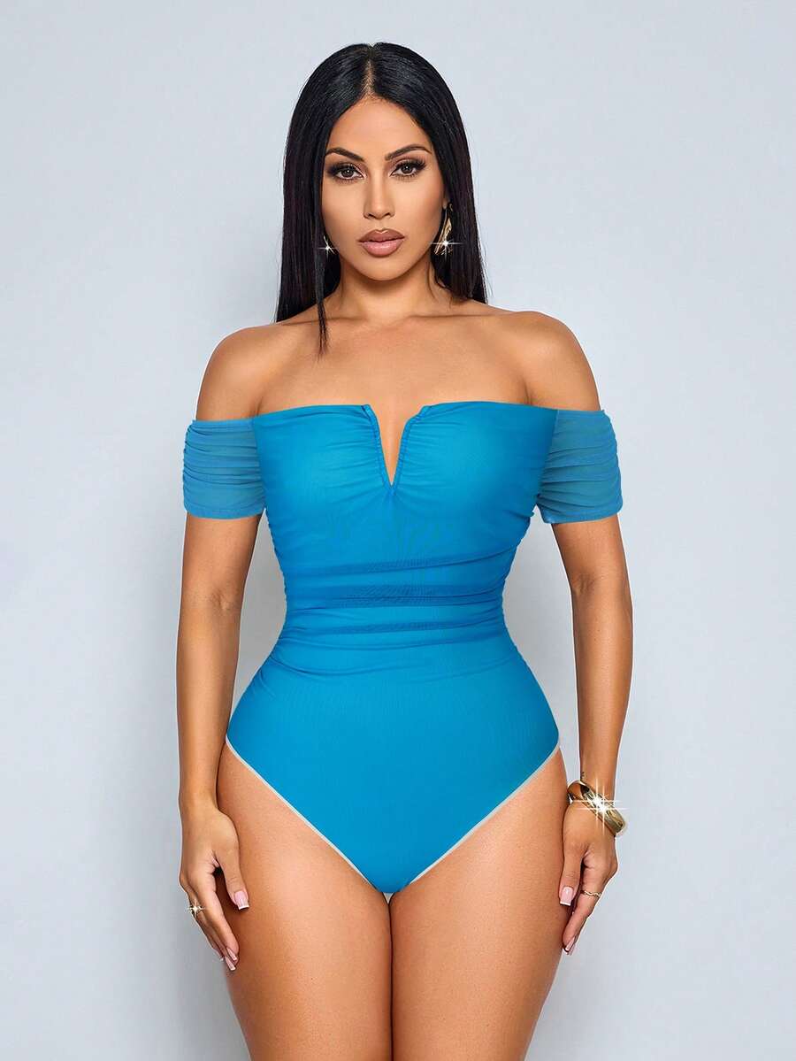 SOLERSUN Bộ đồ liền thân nữ mùa xuân/hè mới, thanh lịch và gợi cảm, cổ chữ V, chất liệu lưới xếp ly, màu đỏ tía. - Rửa nhẹ - Xem 1