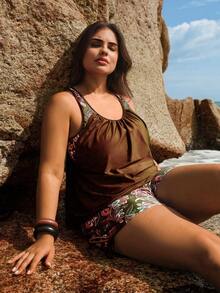 Swim Lushoire Set Bikini Liburan Pantai Motif Retro untuk Wanita Ukuran Besar - Coffee Brown - View 5