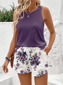 EMERY ROSE Plus Size Women's Casual Purple Round Neck Tank Top & Floral Print Shorts 2-Piece Set, Suitable For Summer - Multicolor - View 5