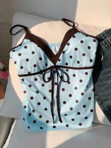 Comfortcana 2026新款女士蓝色缎面波点印花V领吊带背心，时尚春夏装扮，休闲度假服饰，适合情人节、派对、婚礼、生日等场合，S码 - 藍色 - 查看 7