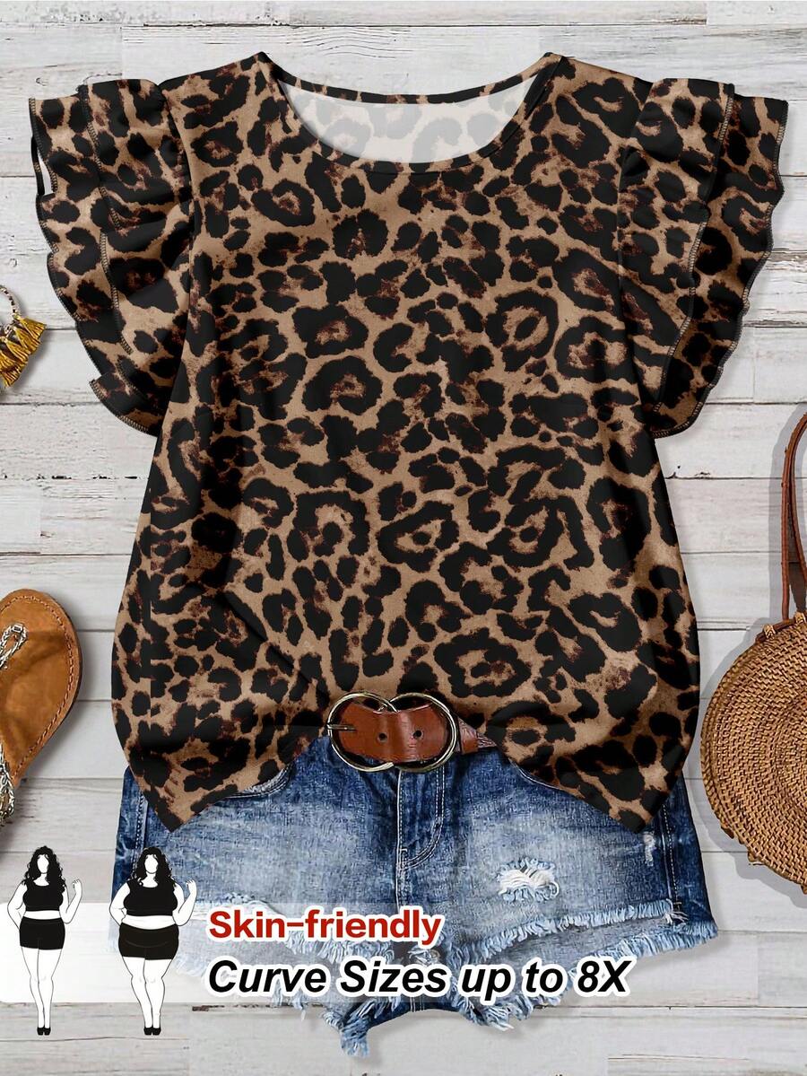 SHEIN CURVE+ 大码女式复古豹纹荷叶边袖休闲衬衫，适合音乐节穿着 - 白色 - 查看 1