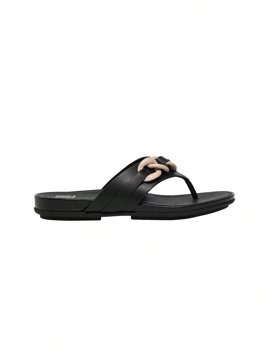 Fitflop Gracie Rubber-Chain Leather Toe-Post Women's Flip-Flops Black GA8 - Czarne - Zobacz 1