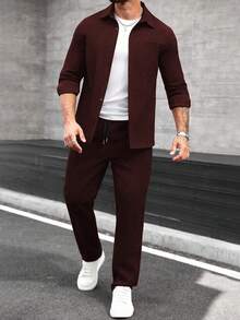 Manfinity CasualCool Bộ áo sơ mi dài tay cổ cài cúc và quần dài dành cho nam, thích hợp cho mùa thu/đông. - Màu Đỏ Sâu - Xem 5
