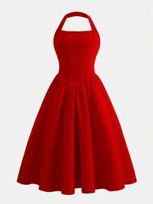 Đầm bé gái, chất liệu vải dệt kim, cổ yếm, màu đỏ, thích hợp mặc hàng ngày và dự tiệc, hàng mới về mùa xuân/hè. - Đỏ - Xem 1