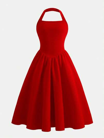 Đầm bé gái, chất liệu vải dệt kim, cổ yếm, màu đỏ, thích hợp mặc hàng ngày và dự tiệc, hàng mới về mùa xuân/hè.