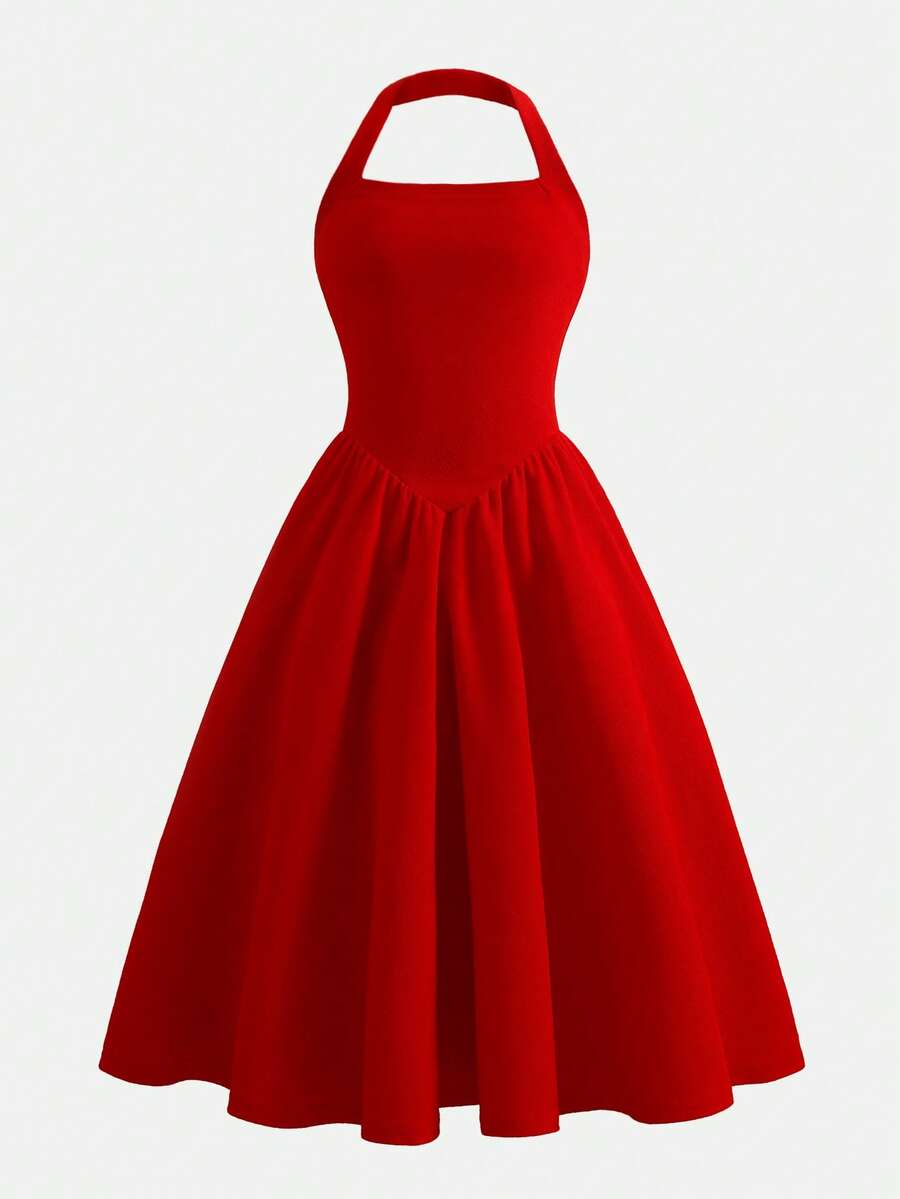 Girls' Dress, Knit Textured Fabric, Halter Neck, Red, Suitable For Daily Wear And Parties, New Arrival Spring/Summer - Red - View 1