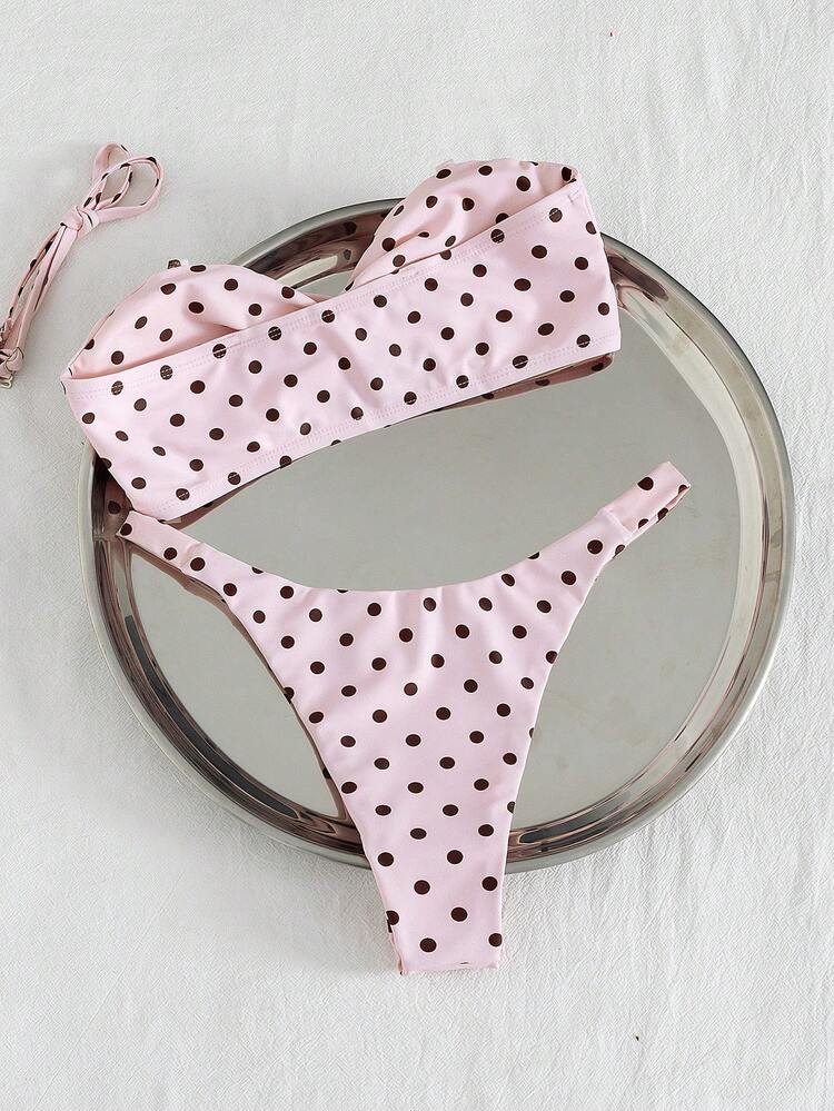 Swim Mod New Arrival Women's Elegant Y2K Coquette Cute 2 Pieces Pink Base With Black Polka Dots, Retro Spot Pattern, Classic Black & White Contrast Bikini Set - Pink Black Twist Front Bralette Top & High Cut Cheeky Bottom - Smooth Stretch Breathable Fabric - Flattering Adjustable Straps, Sweet Retro Summery Vibe - Perfect Swimwear For Summer Beach Vacation, Pool Party Music Festival Weddings, Spring Holiday Break Outfit Resort Wear, Tropical Getaway - Multicolor - View 4