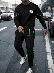 Conjunto de ropa deportiva de sudadera de cuello redondo de manga larga casual y versátil para hombres - Negro - Ver 2