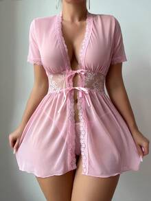 SHEIN 2pcs Set Romantic Mesh Lace Splice Tie-Up Ruched Nightgown For Going Out - Pink - View 3